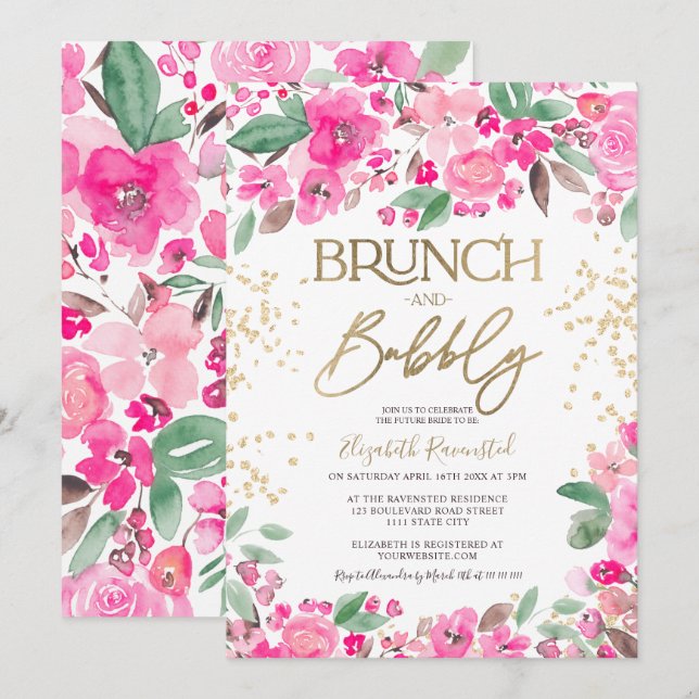 Pretty pink gold glitter floral chic bridal shower invitation (Front/Back)