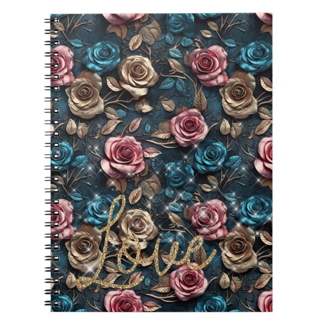 Pretty Pink Gold Roses Glitter Love Notebook (Front)