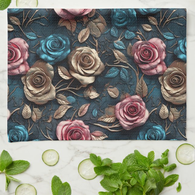 Pretty Pink Gold Roses  Kitchen Towel (Folded)