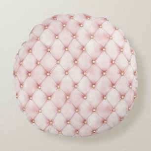 Pretty Pink Gold Squares Round Pillow