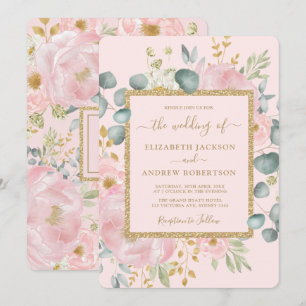 Pretty Pink Gold Watercolor Floral Luxury Wedding Invitation
