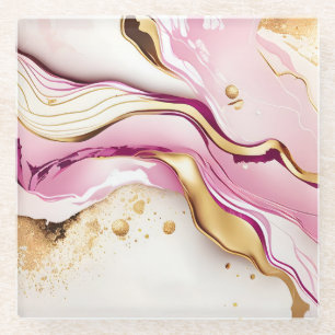Pretty Pink Gold White Marble Glass Coaster