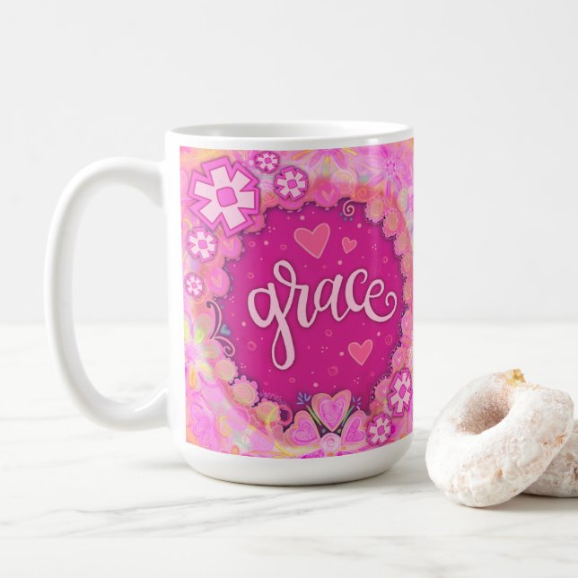 Pretty Pink Grace Inspiring One Word Art Coffee Mug (With Donut)