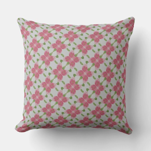 Pretty Pink Green and Grey Patterned Throw Pillow (Front)