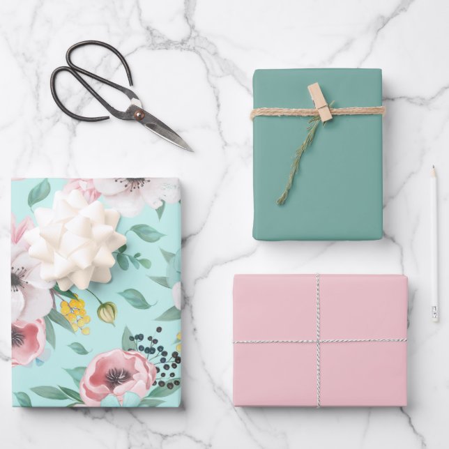 Pretty Pink Green Flower Pattern Wrapping Paper Sheet (Front)