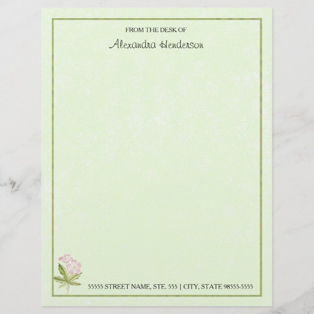 Pretty Pink Green Watercolor Wildflower With Name Letterhead (Front)