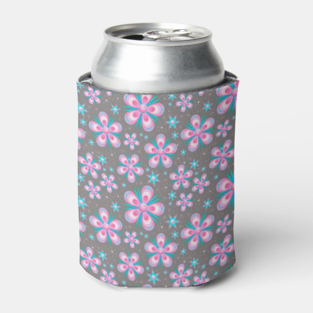 Pretty Pink & Grey Floral Can Cooler (Can Front)