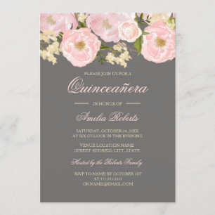 Pretty Pink Grey Floral Quinceanera Invitation