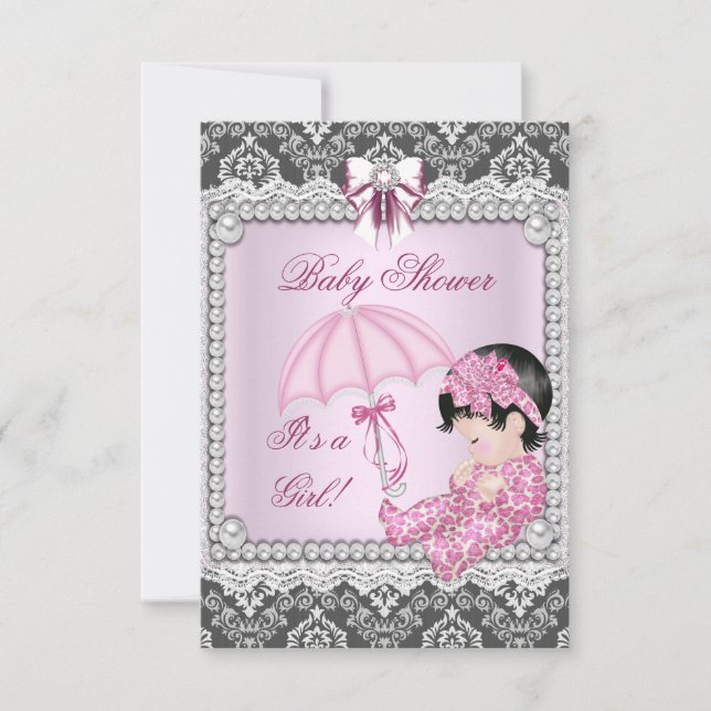Pretty Pink Grey Girl Baby Shower Damask Invitation (Front)
