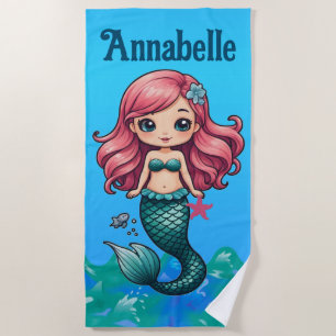 Pretty Pink-haired Mermaid Personalize Beach Towel