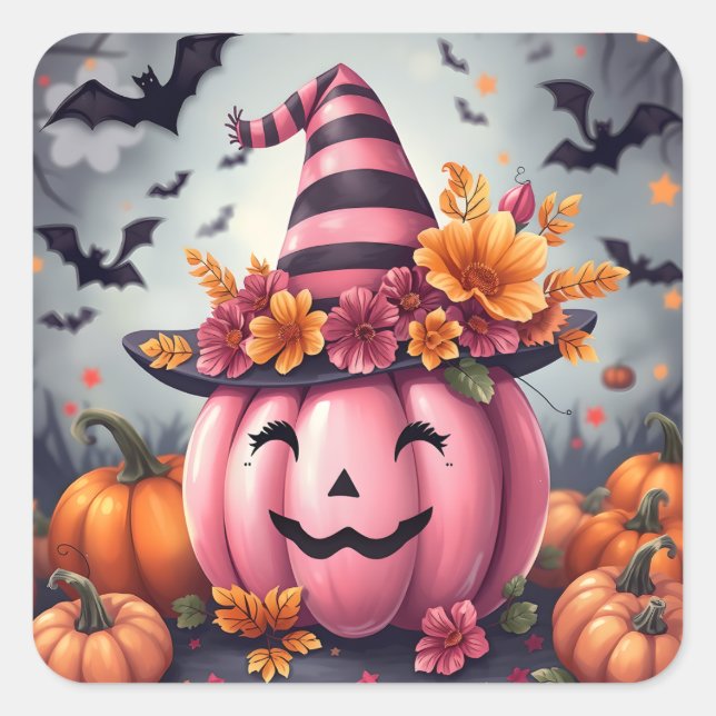 Pretty Pink Halloween Pumpkin Jack-o-lantern Square Sticker (Front)