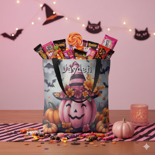 Pretty Pink Halloween Pumpkin Personalized Tote Bag