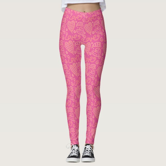 Pretty Pink Hand-drawn Heart Pattern Leggings (Front)