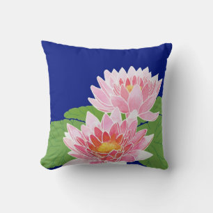 Pretty Pink Hand-painted Water Lilies on Blue Throw Pillow