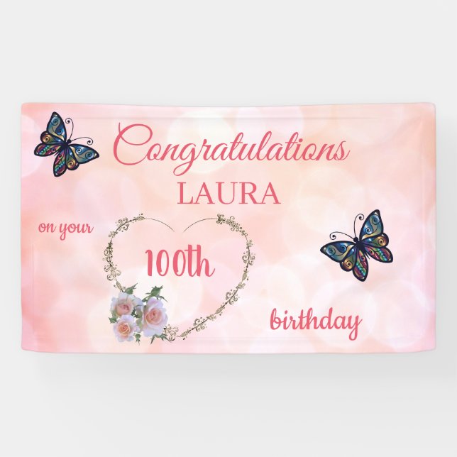 Pretty Pink Happy 100th Birthday Banner (Horizontal)