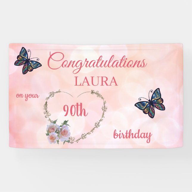 Pretty Pink Happy 90th Birthday Banner (Horizontal)
