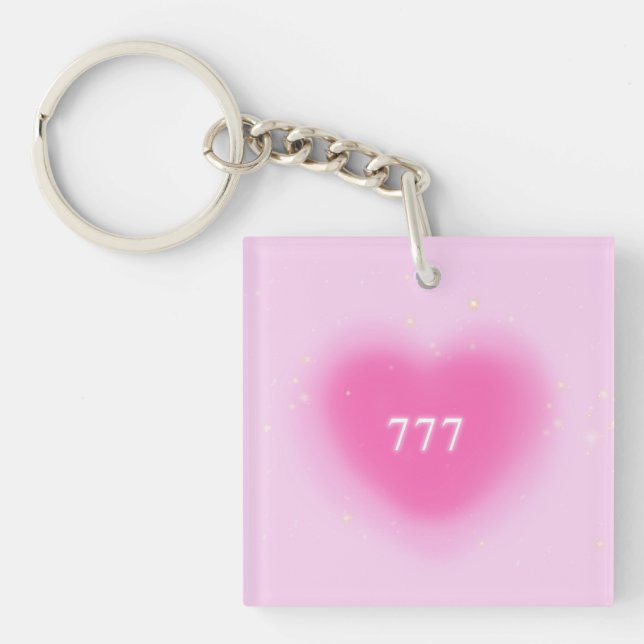 Pretty Pink Heart Aesthetic Angel Number 777   Keychain (Front)