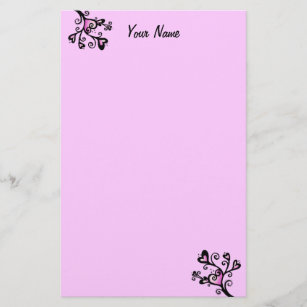Pretty Pink Hearts on Black Scrolled Branches Dots Stationery
