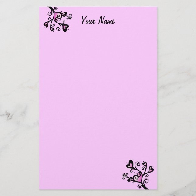 Pretty Pink Hearts on Black Scrolled Branches Dots Stationery (Front)