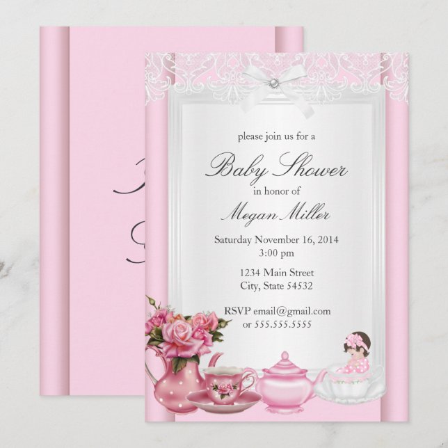 Pretty Pink High Tea Girl Baby Shower Invitation (Front/Back)