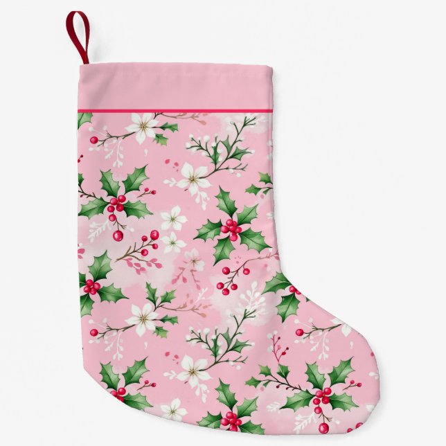 Pretty Pink Holly and Berries Christmas Stocking (Front)