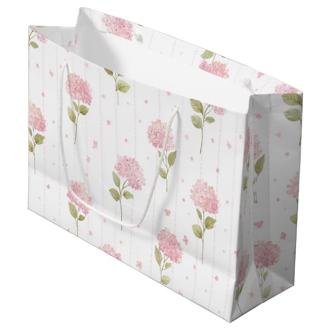Pretty Pink Hydrangea Flowers Bridal Shower Large Gift Bag (Front Angled)
