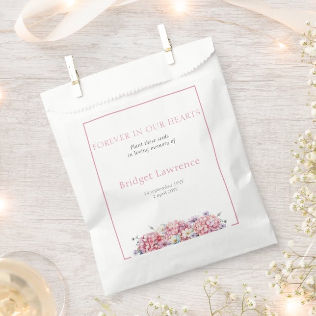 Pretty pink hydrangea funeral seed packet favour bag (Clipped)