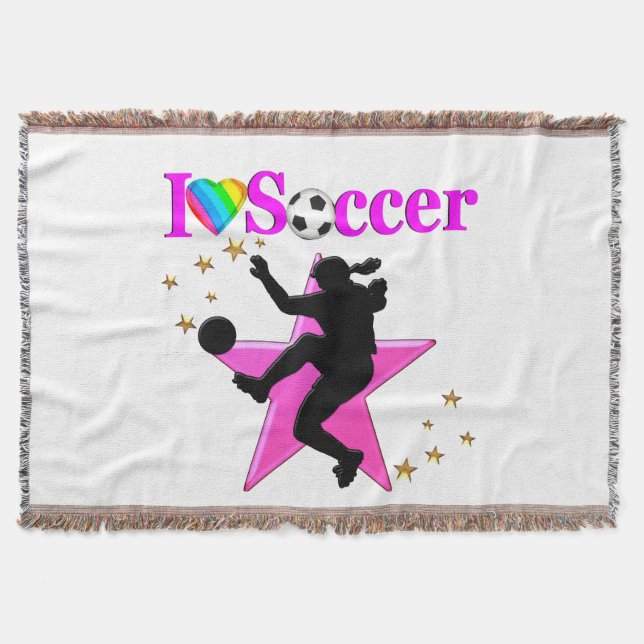 PRETTY PINK I LOVE SOCCER DESIGN THROW BLANKET (Front)