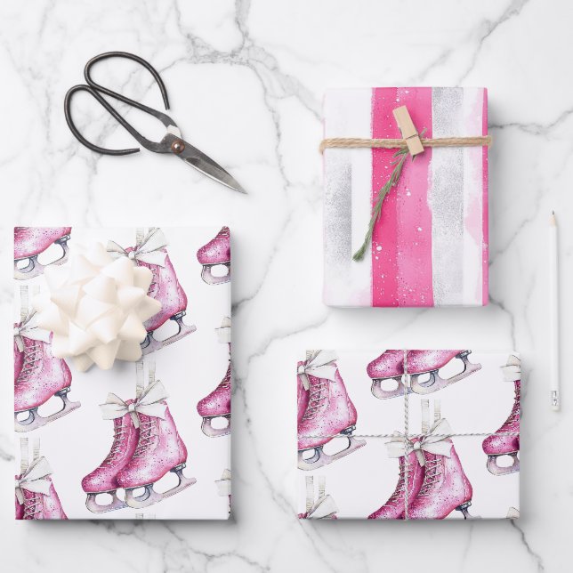 Pretty Pink Ice Skates Birthday Wrapping Paper Sheet (Front)