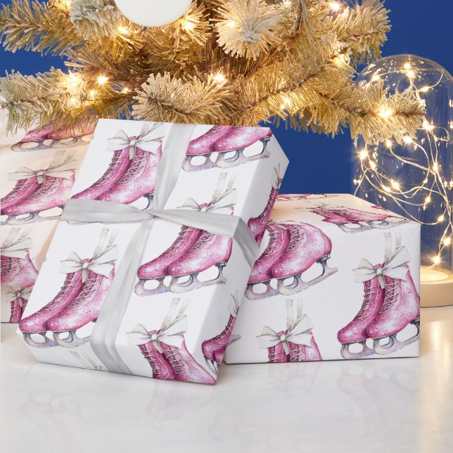 Pretty Pink Ice Skates Christmas Wrapping Paper (Holidays)