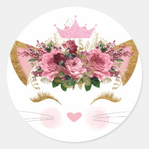 Pretty Pink Kitty Floral Pink Crown Classic Round Sticker