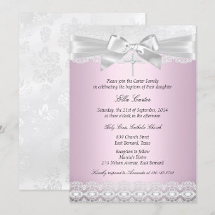 Pretty Pink Lace Cross Baptism Invitation