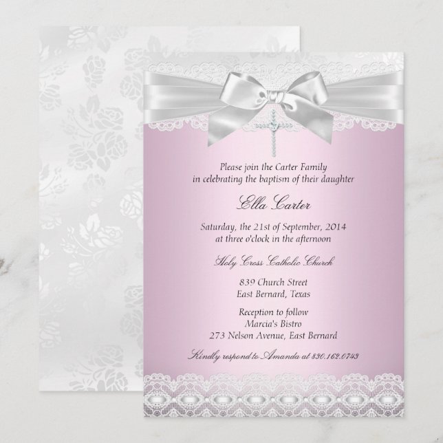 Pretty Pink Lace Cross Baptism Invite (Front/Back)