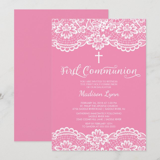 Pretty Pink Lace First Holy Communion Invitation (Front/Back)