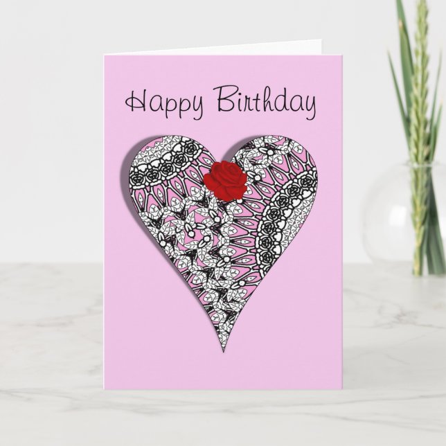 Pretty Pink Lace Heart Red Rose Birthday Card (Front)