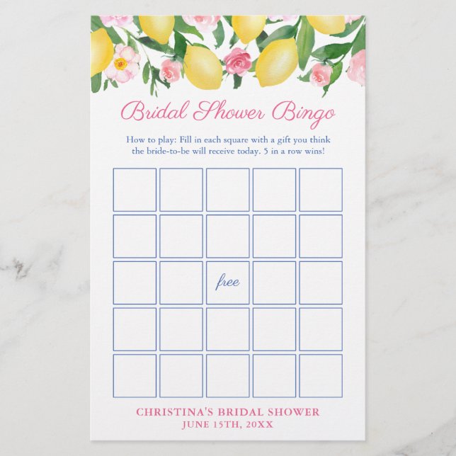 Pretty Pink Lemons Bridal Shower Bingo Game Card (Front)