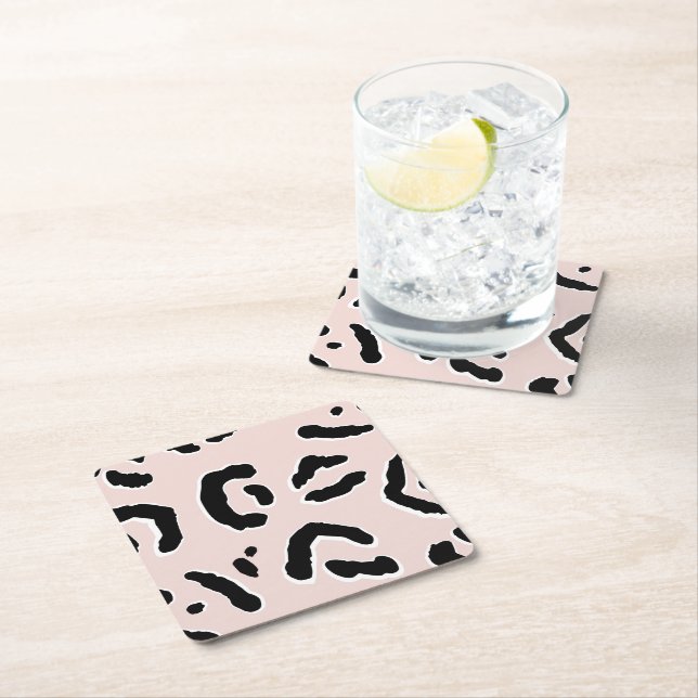 Pretty Pink Leopard Pattern Pastel & Monochrome Square Paper Coaster (Insitu)