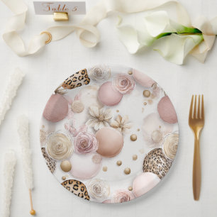 Pretty Pink Leopard Print Floral Bridal Shower Paper Plate