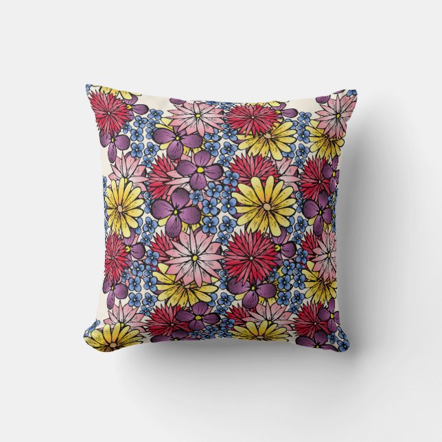 Pretty Pink Lilac Blue Red Wildflower Illustration Throw Pillow (Front)