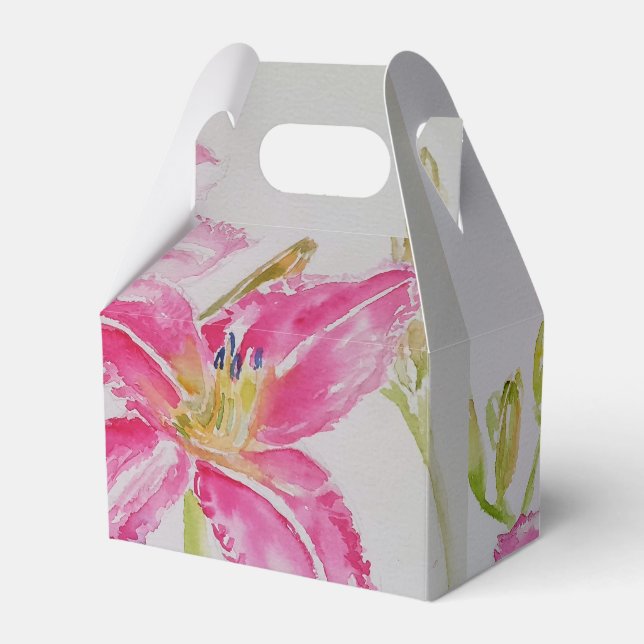 Pretty Pink Lily Floral Wedding Cake Favor Box (Front Side)