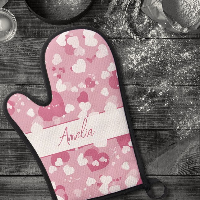 Pretty Pink Love Heart Personalized Oven Mitt & Pot Holder Set (Creator Uploaded)