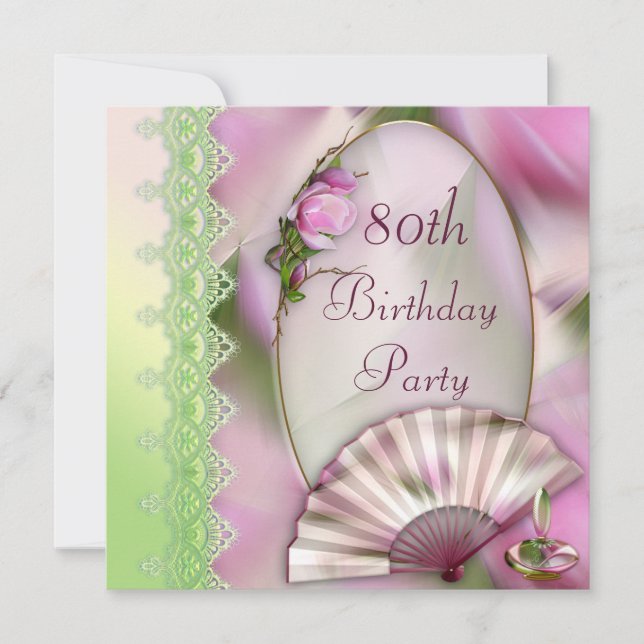 Pretty Pink Magnolia & Fan 80th Birthday Invitation (Front)