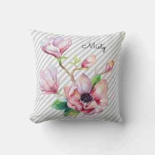 Pretty Pink Magnolia Floral Grey Stripes and Name Throw Pillow
