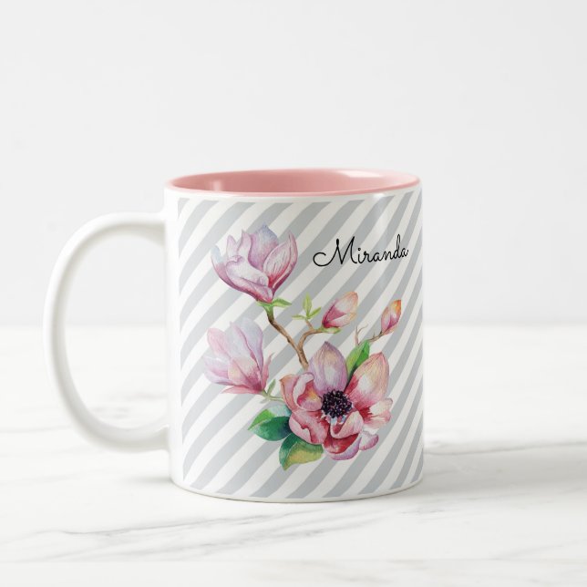 Pretty Pink Magnolia Floral Grey Stripes and Name Two-Tone Coffee Mug (Left)