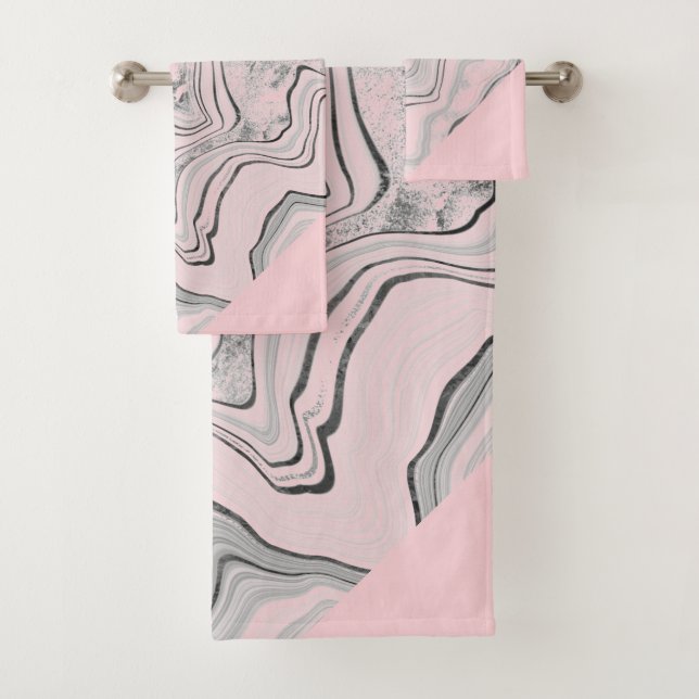 PRETTY PINK MARBLE TRIM BATHROOM TOWEL SET (Insitu)