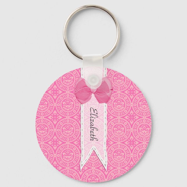 Pretty Pink Medallion Damask Cute Bow With Name Keychain (Front)