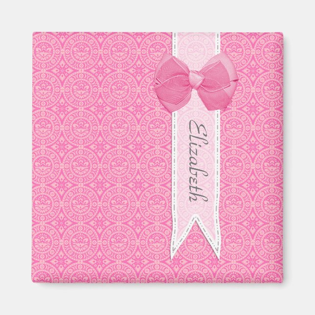 Pretty Pink Medallion Damask Cute Bow With Name Magnet (Front)