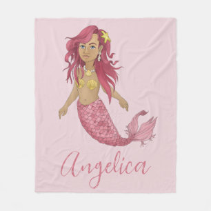 Pretty Pink Mermaid Girl's Room Custom Name Fleece Blanket