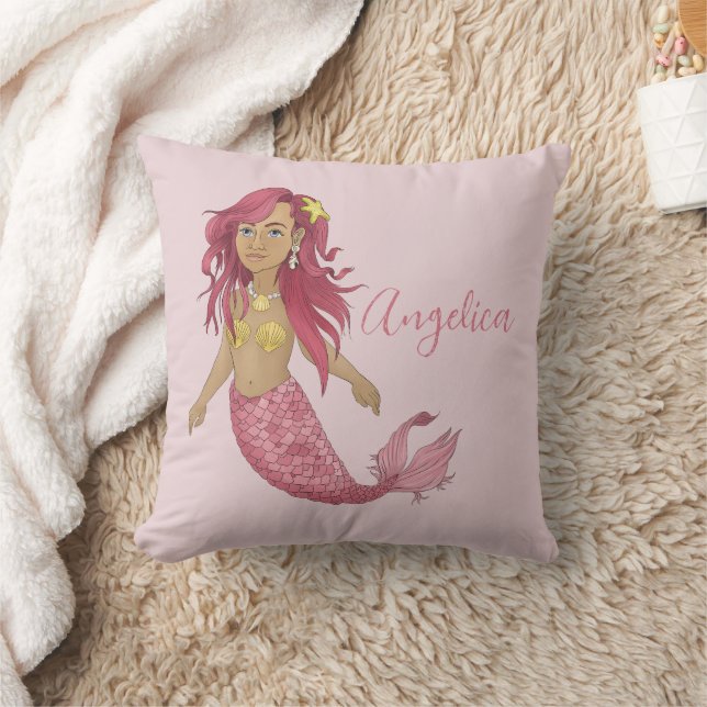 Pretty Pink Mermaid Girl's Room Custom Name Throw Pillow (Blanket)