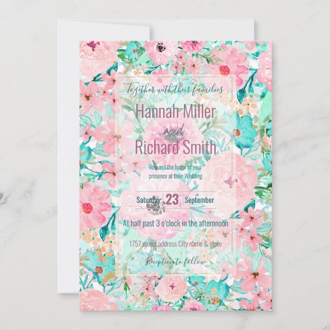Pretty Pink & Mint Floral watercolor Hand Paint Invitation (Front)